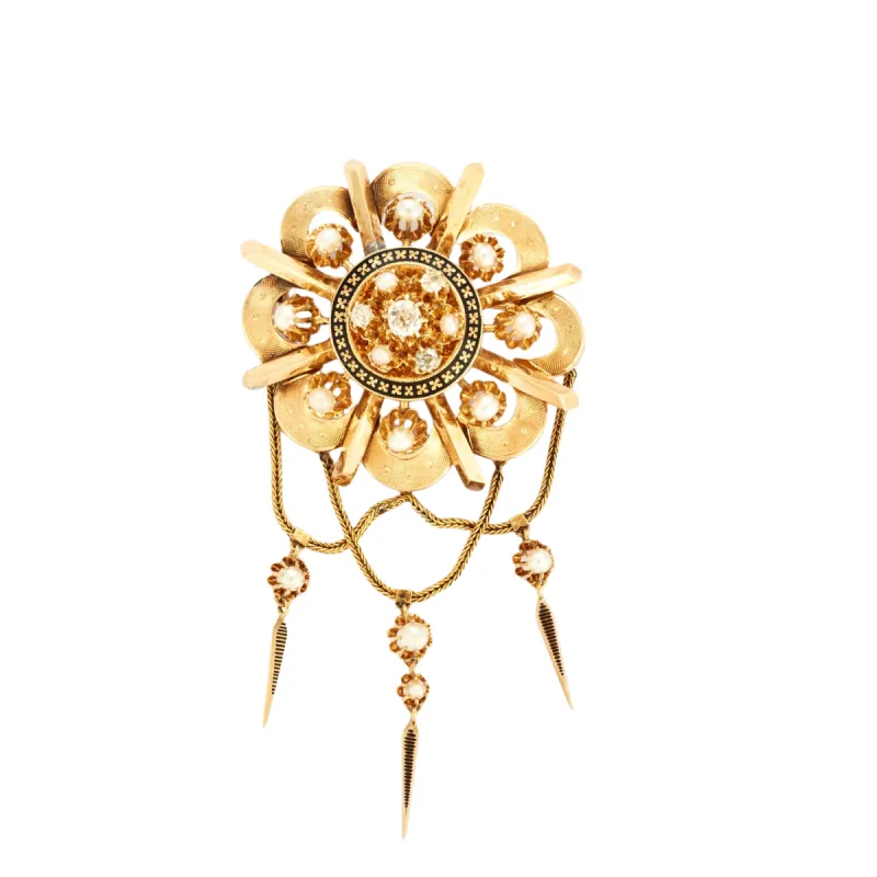 Broche Napoléon III or jaune guilloché avec diamants sold by 58 Facettes