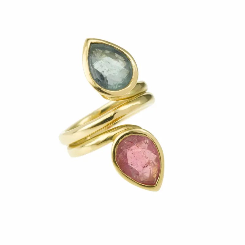 Bague Toi et Moi Tourmaline Verte et Rose Or Jaune sold by 58 Facettes