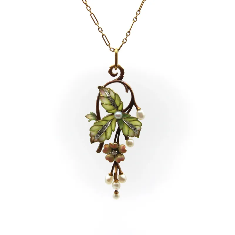 Collier Plique-à-Jour en or, diamants et perles sold by 58 Facettes