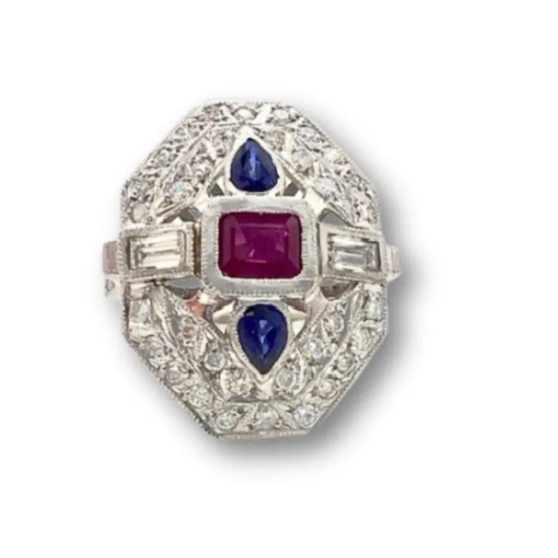Bague de style Art Déco en platine 950 avec saphirs et rubis sold by 58 Facettes