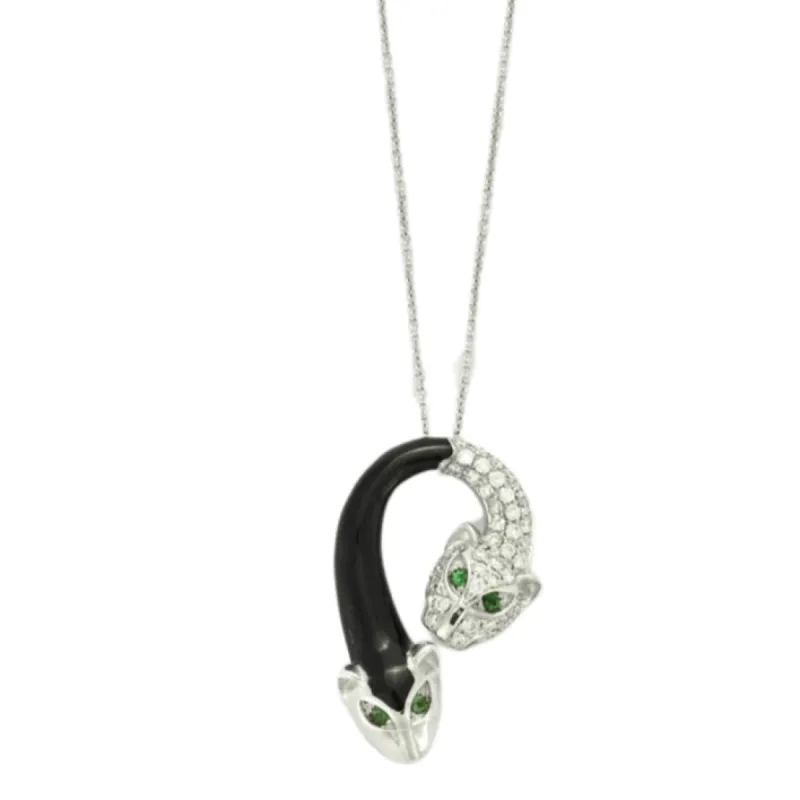 Collier en or blanc avec Pendentif Panthère en Émail Noir avec Diamants et Tsavorite made by 58 Facettes
