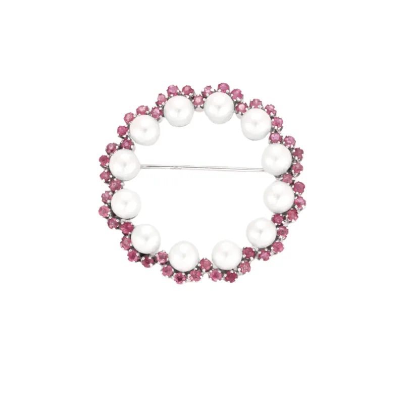 Broche or blanc sertie de perles de culture et saphirs roses sold by 58 Facettes