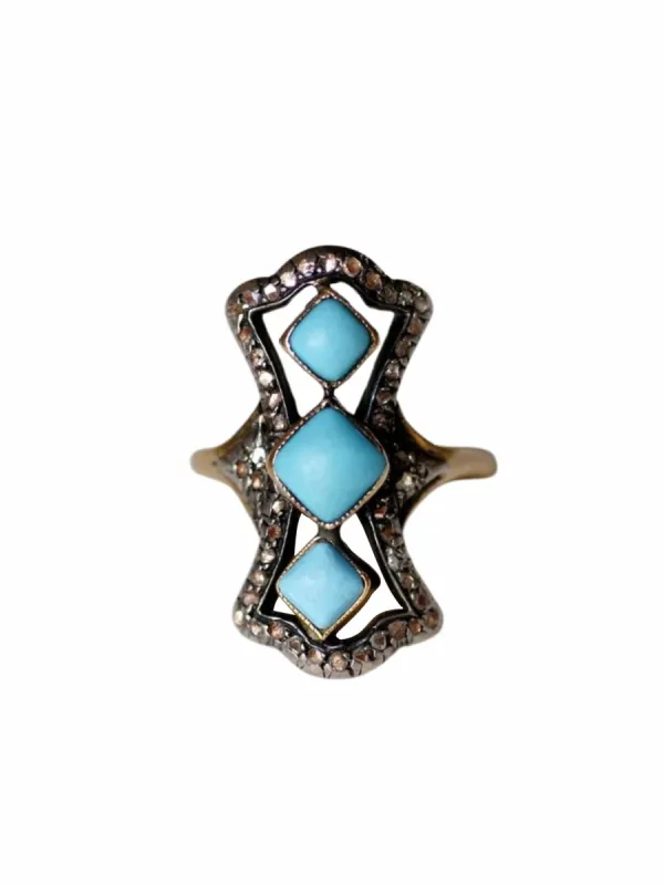 Bague marquise ancienne diamants et turquoises en or sold by 58 Facettes