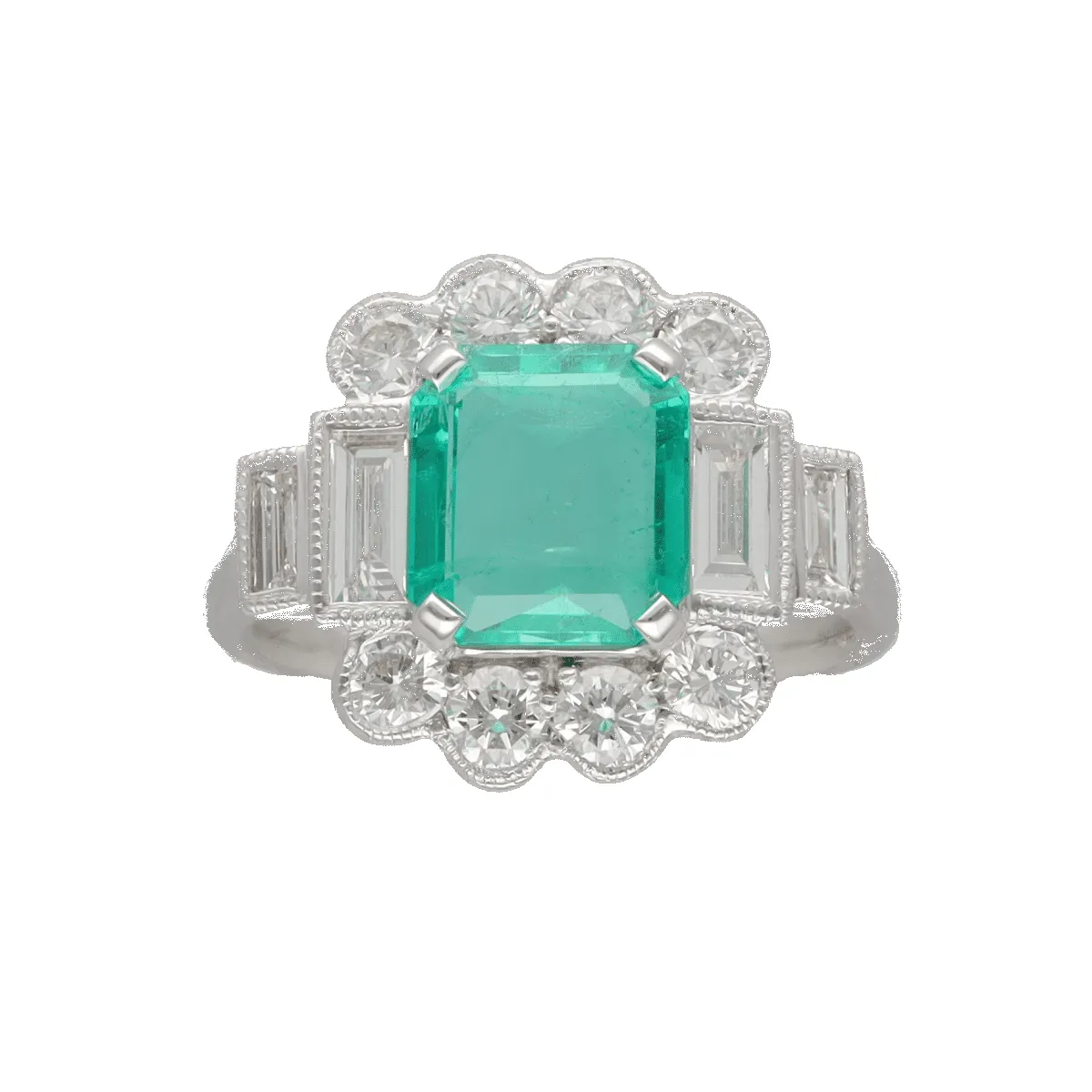 Bague style art déco or blanc émeraude diamants sold by 58 Facettes