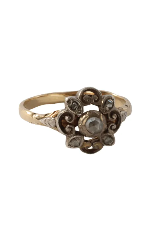 Antique 14k gold and silver ring with rose cut diamonds made by 58 Facettes
