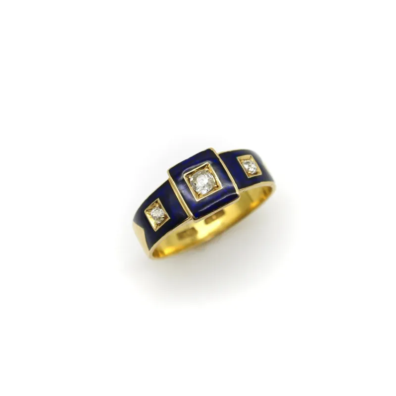 18K Gold Early Victorian Diamond Trilogy Ring with Blue Enamel Details sold by 58 Facettes