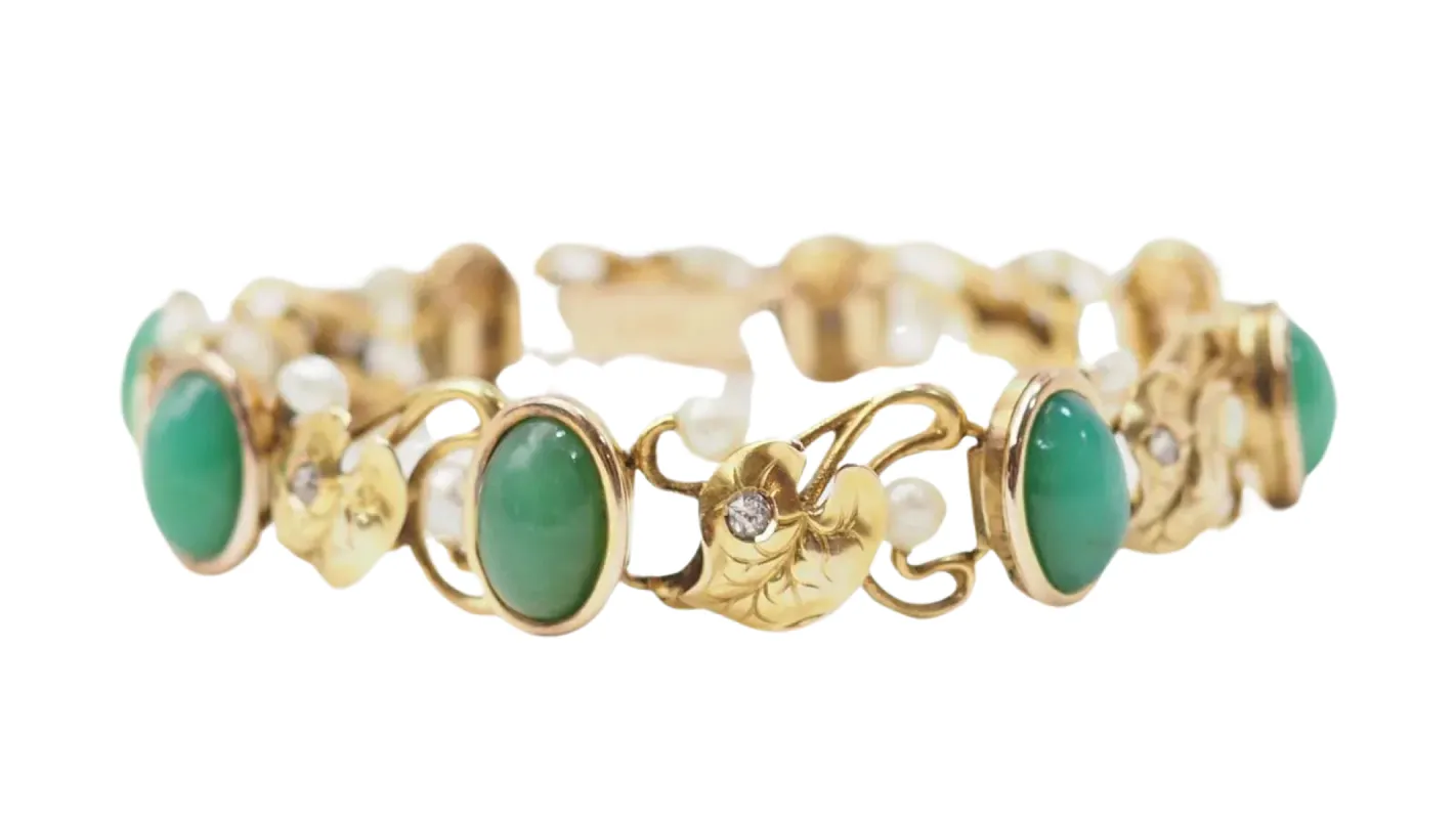 Bracelet or jaune chrysoprases diamants et perles fines sold by 58 Facettes