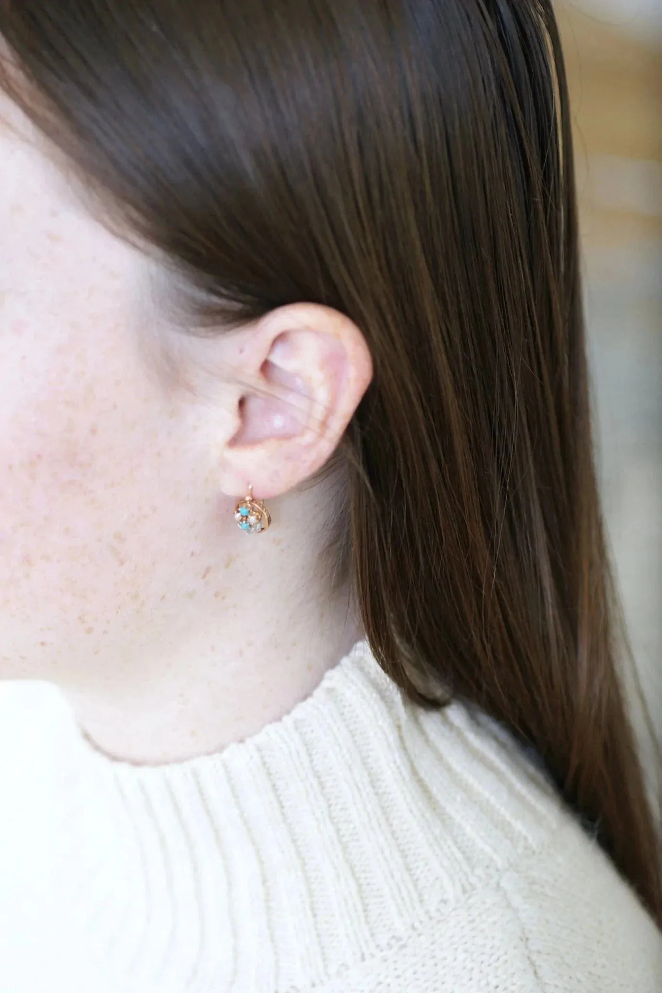 Dormeuses or rose, perles, turquoises et diamants sold by 58 Facettes product image thumbnail 2