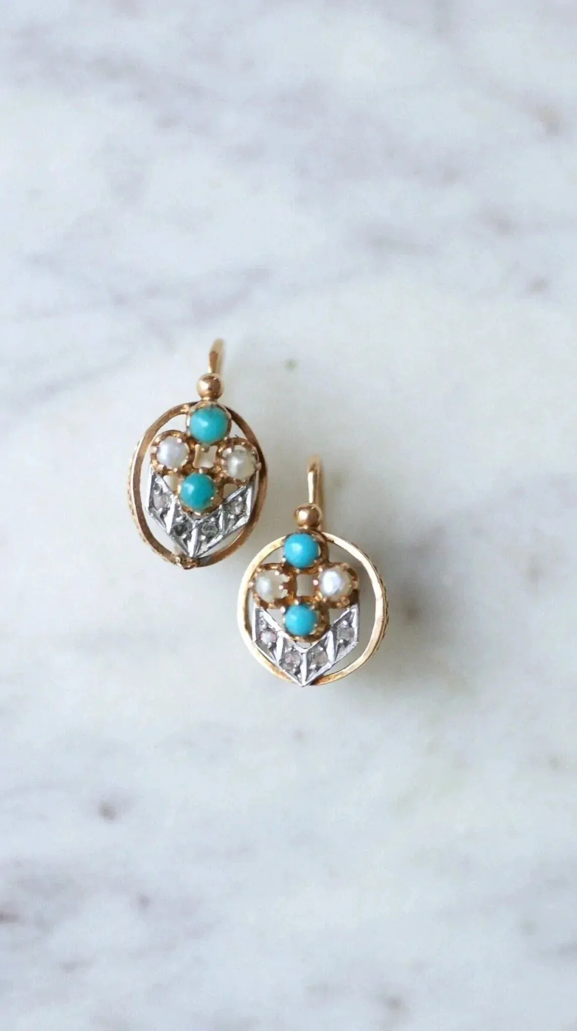 Dormeuses or rose, perles, turquoises et diamants sold by 58 Facettes product image thumbnail 3