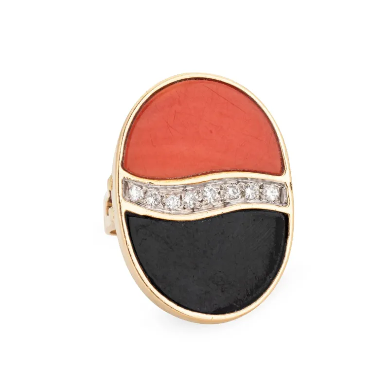 Bague diamant corail onyx des années 70 vintage or jaune sold by 58 Facettes