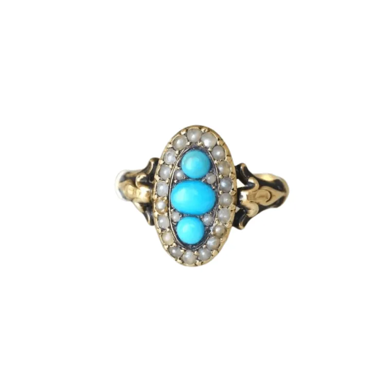 Bague marquise turquoises et perles sold by 58 Facettes
