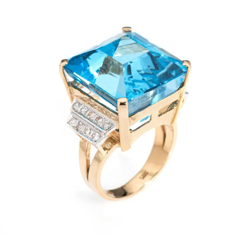 Bague diamant topaze bleue 35 carats or jaune vintage made by 58 Facettes