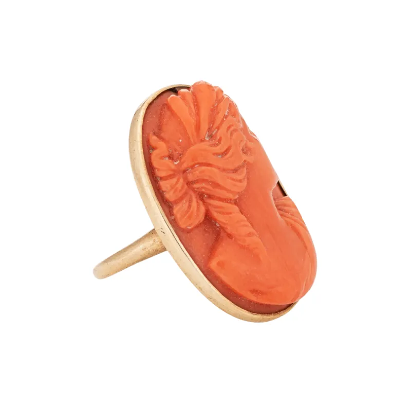 Antique Victorian Coral Cameo Ring Vintage Yellow Gold sold by 58 Facettes