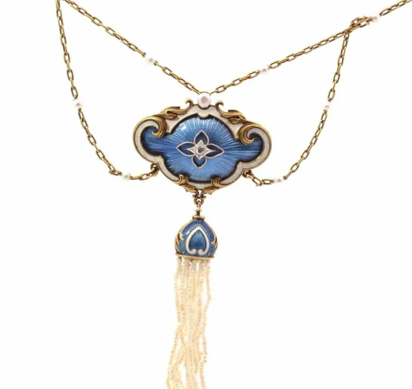 Collier 19e perles fines, diamant et émail, or jaune sold by 58 Facettes