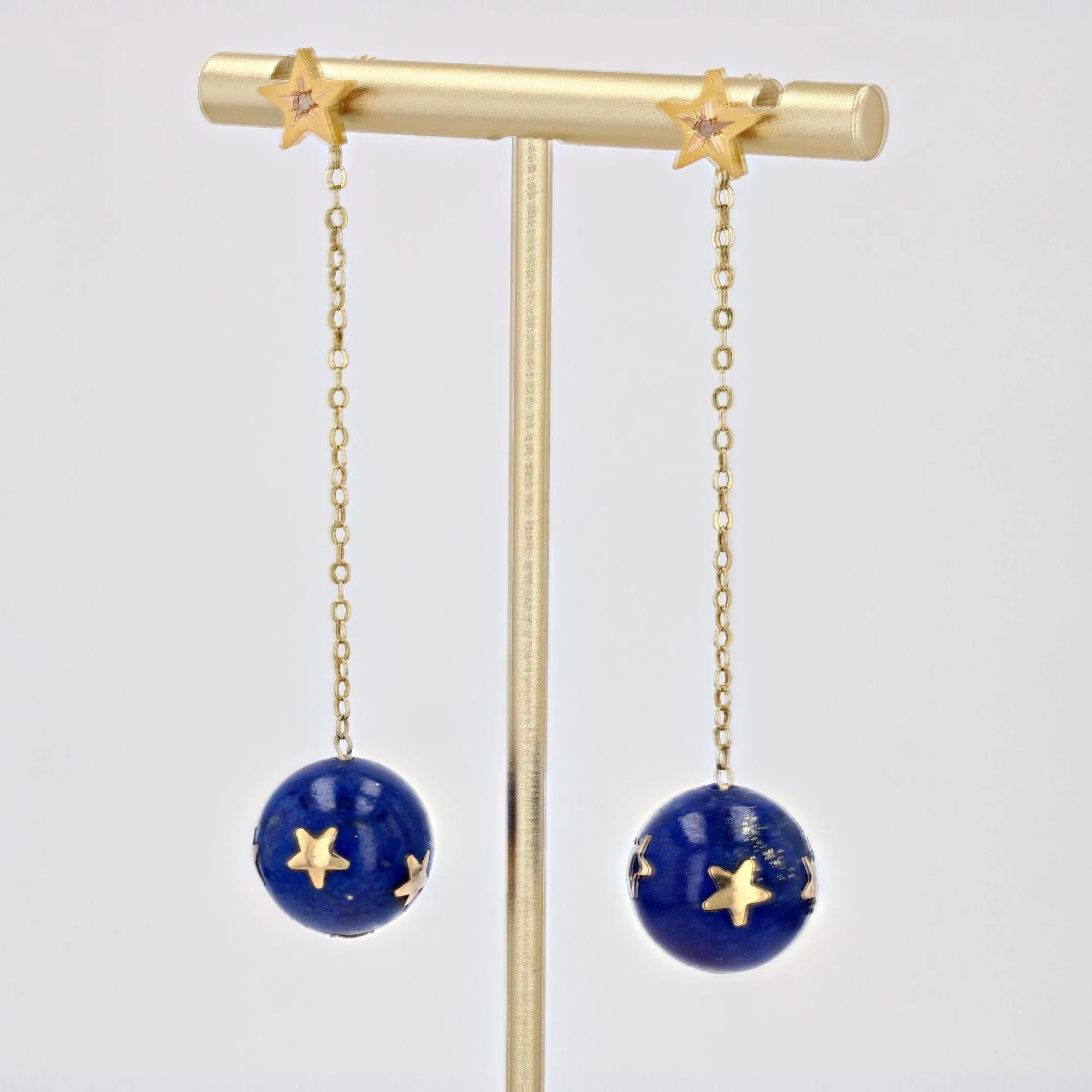 Pendants d'oreilles anciens étoiles or diamants taillés en rose et ses boules de lapis-lazuli étoilées sold by 58 Facettes product image thumbnail 4