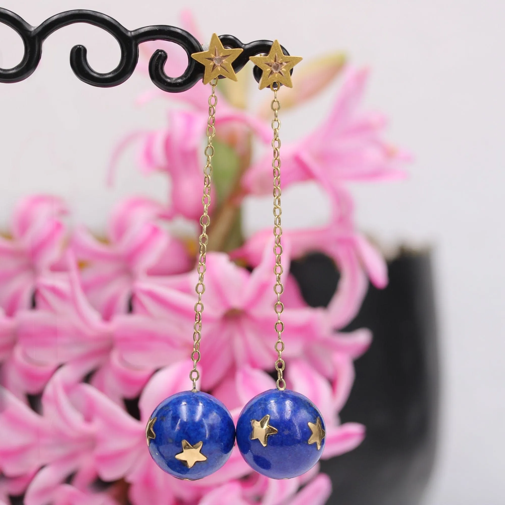Pendants d'oreilles anciens étoiles or diamants taillés en rose et ses boules de lapis-lazuli étoilées sold by 58 Facettes product image thumbnail 3