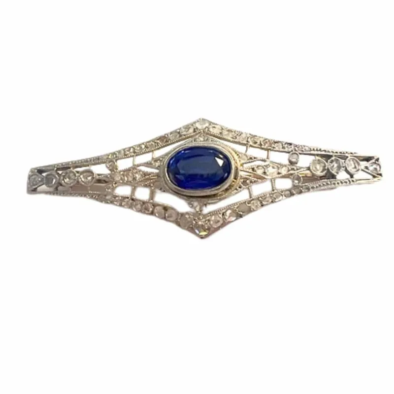 Broche Art Déco des années 1930 en or 18 kt et platine avec diamants et saphir synthétique sold by 58 Facettes