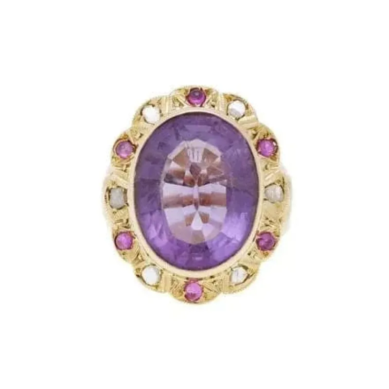 Bague Pompadour Améthyste Saphirs Roses Diamants Or Rose 14 Carats sold by 58 Facettes