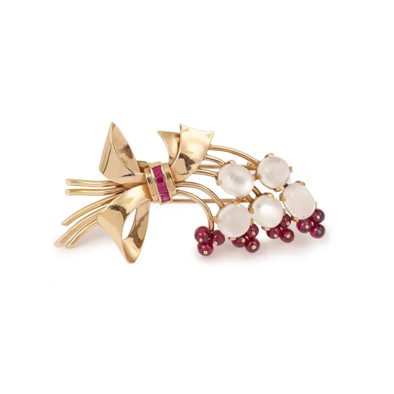 Broche Rétro Bouquet Pierres de Lune Pierres Rouges Or Jaune sold by 58 Facettes