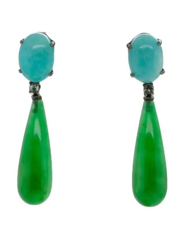 Boucles d'oreilles en or noir avec embellissements d'amazonite, de jade et de saphir sold by 58 Facettes