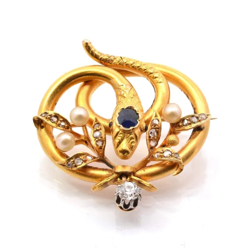 Broche serpent 19e Or jaune Platine Diamants Perles Saphir sold by 58 Facettes