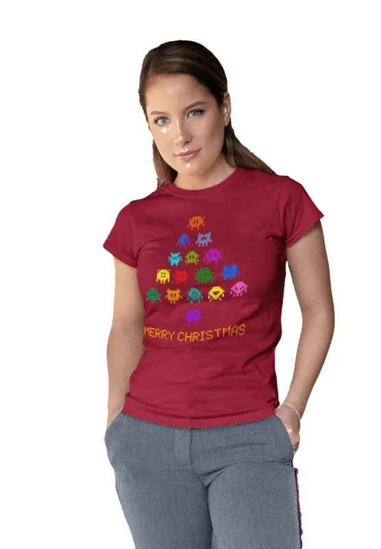 Invaders Christmas Tree Womens T-Shirt sold by 8Ball