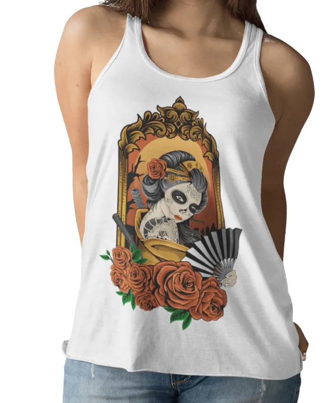 Geisha Skull Tattoo Design Adult Womens Vest Top sold by 8Ball