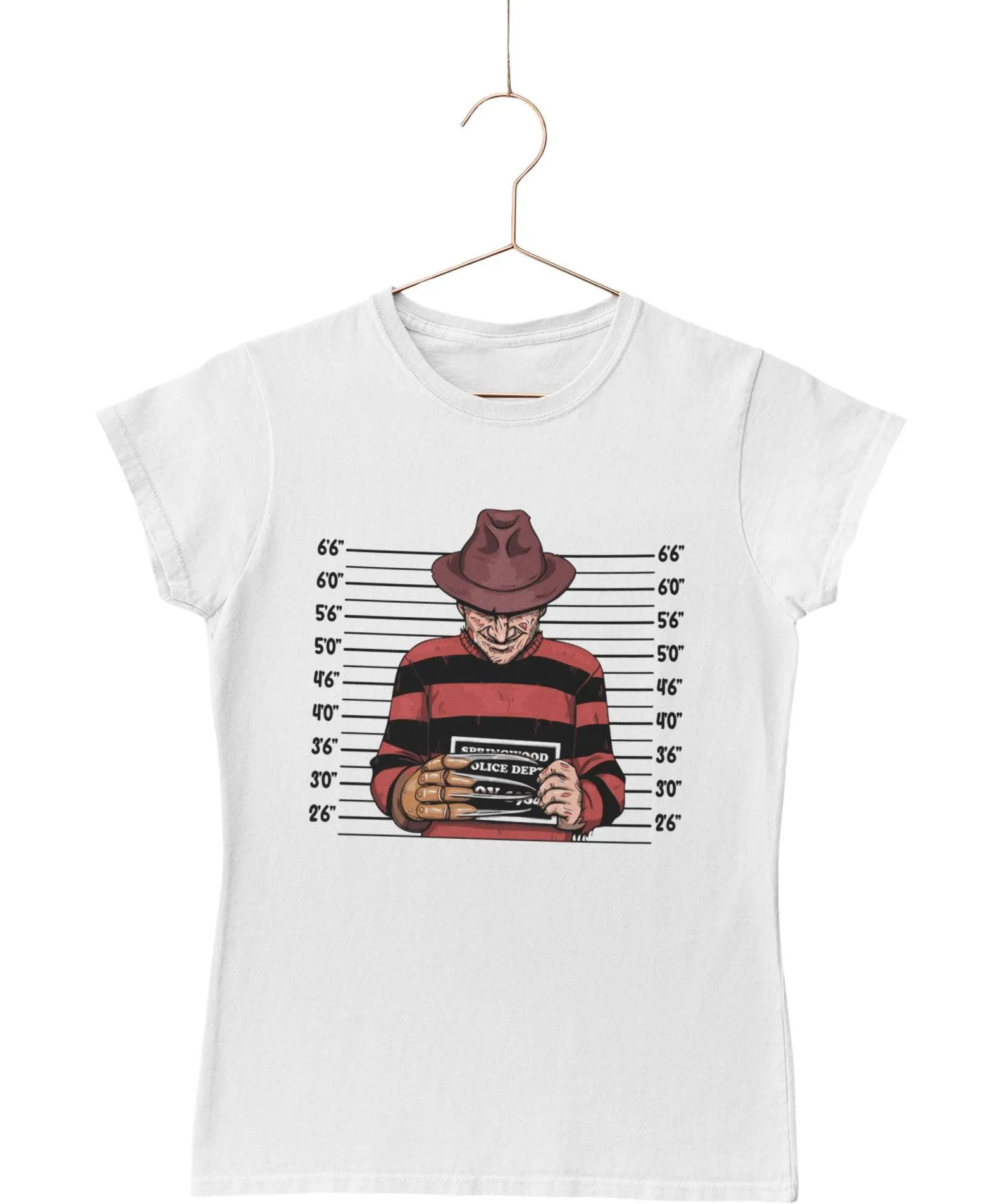 Freddy Krueger Mugshot Horror Film Tribute T-Shirt for Women sold by 8Ball product image thumbnail 2