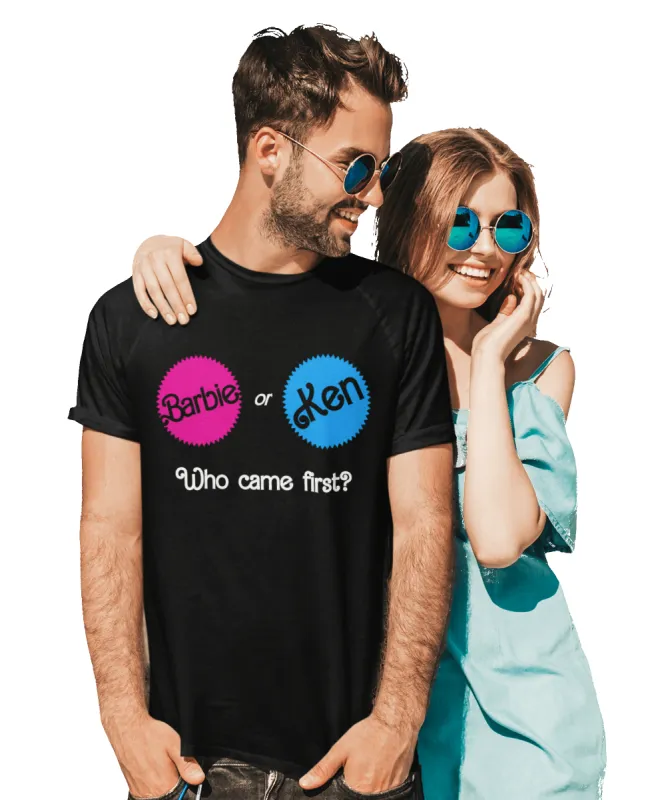 Who Came First Barbie Or Ken Adult Unisex Black or White T-Shirt made by 8Ball