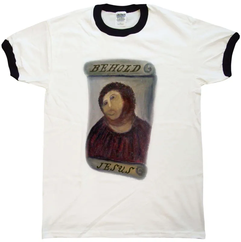Behold Jesus Fresco Ringer Ecce Homo Restoration T-Shirt sold by 8Ball