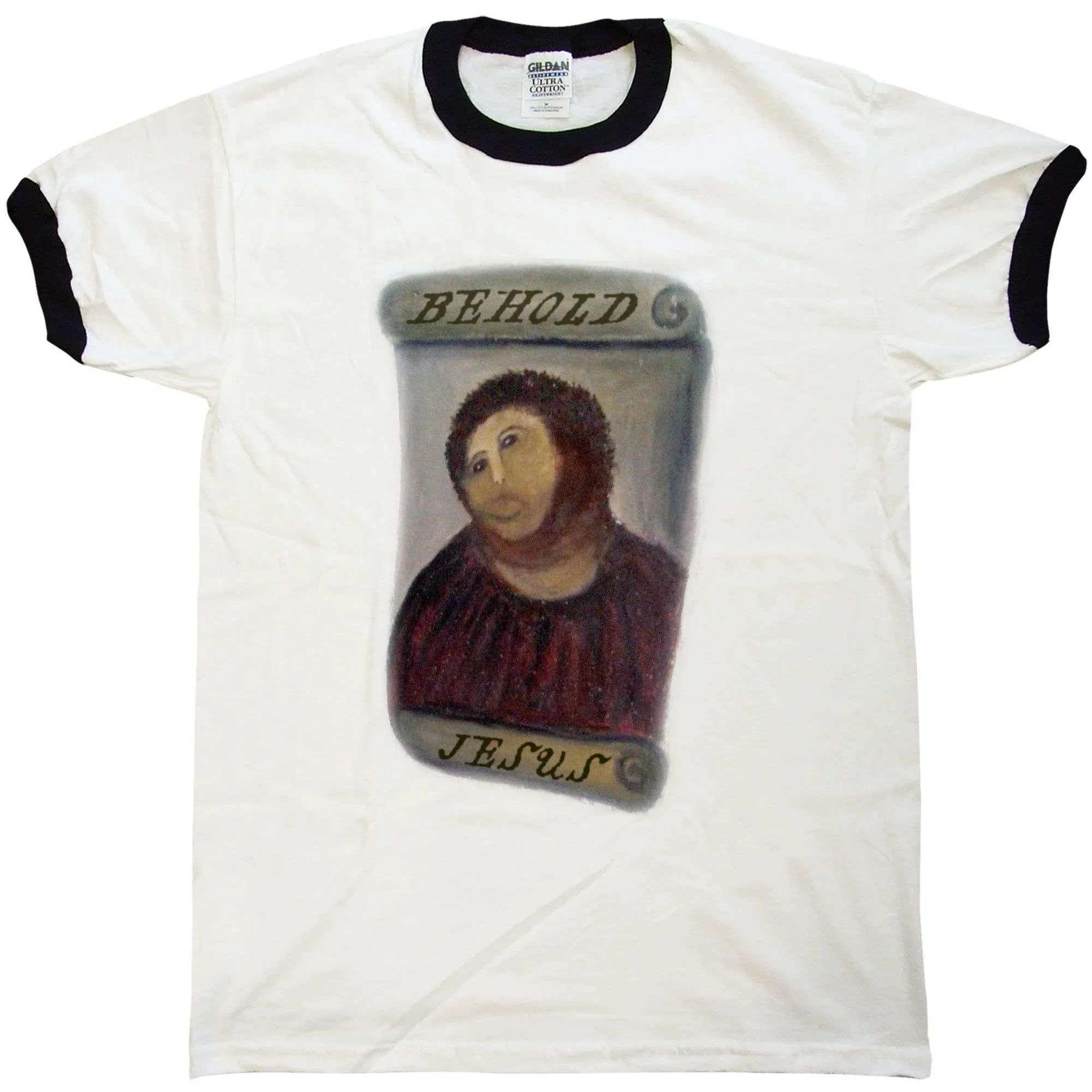 Behold Jesus Fresco Ringer Ecce Homo Restoration T-Shirt sold by 8Ball