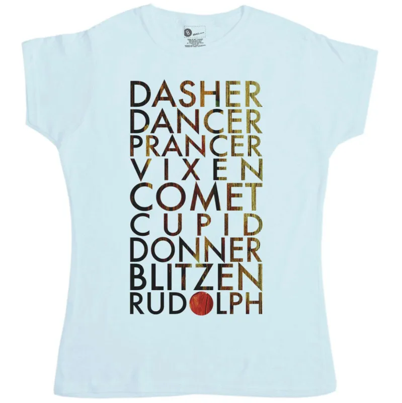 Christmas Reindeer Names Fitted Womens T-Shirt sold by 8Ball