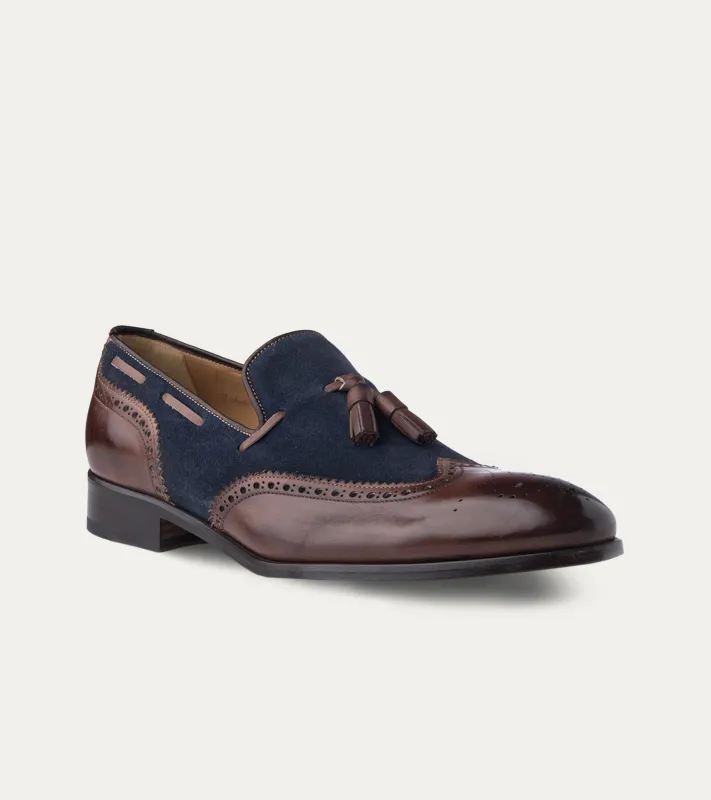 Kevin Wingtip Tassel Loafer Brown Antique & Blue Suede made by Ace Marks