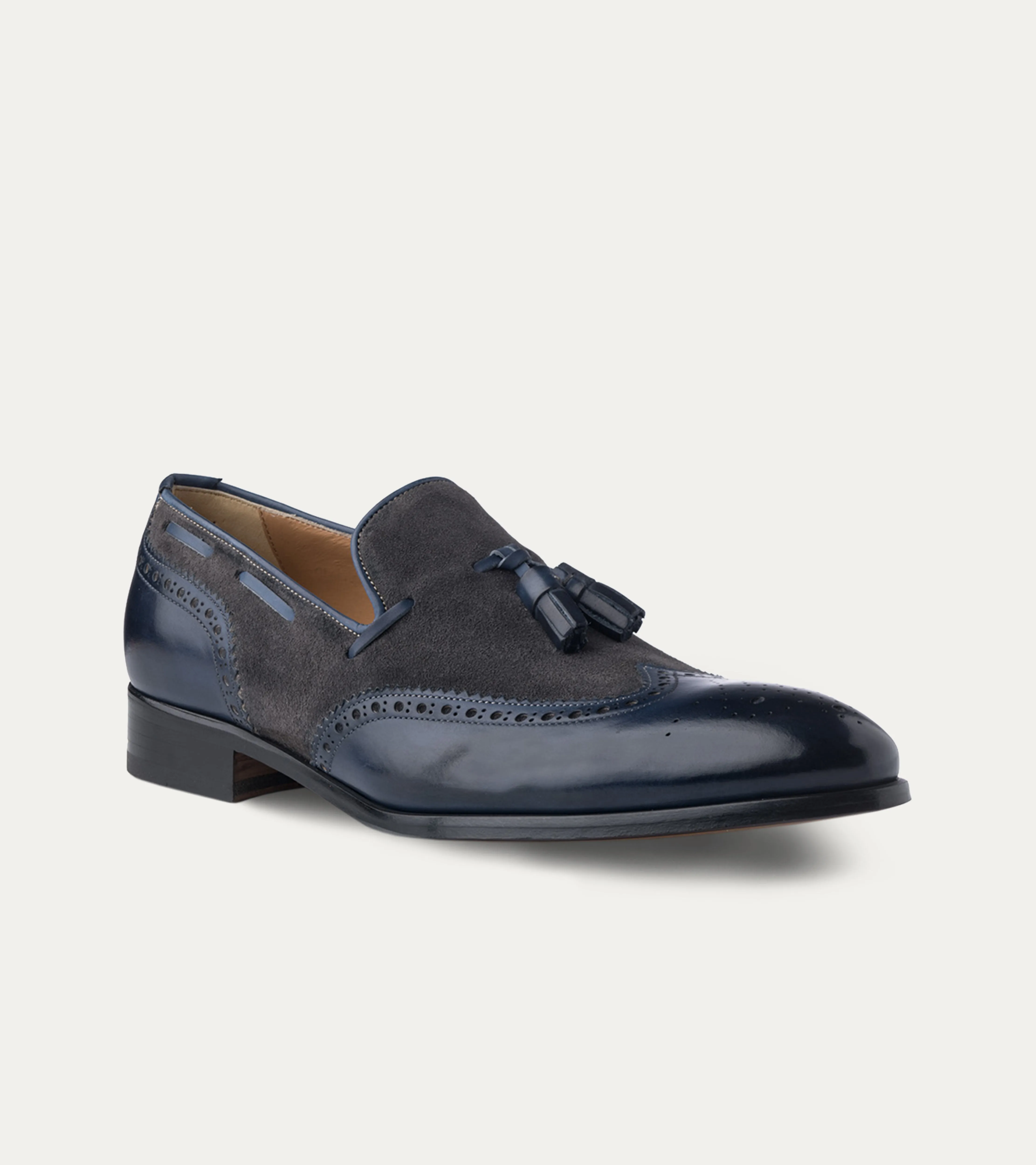 Kevin Wingtip Tassel Loafer Blue Antique & Grey Suede sold by Ace Marks