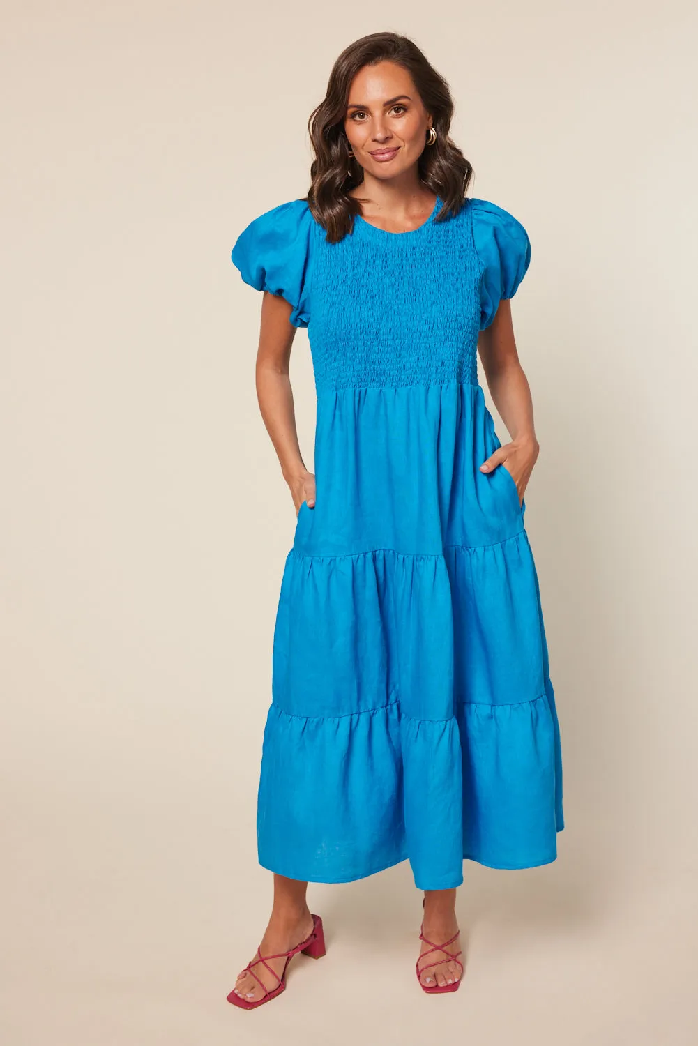 Minden Linen Shirred Dress in Cobalt sold by Adrift product image thumbnail 5