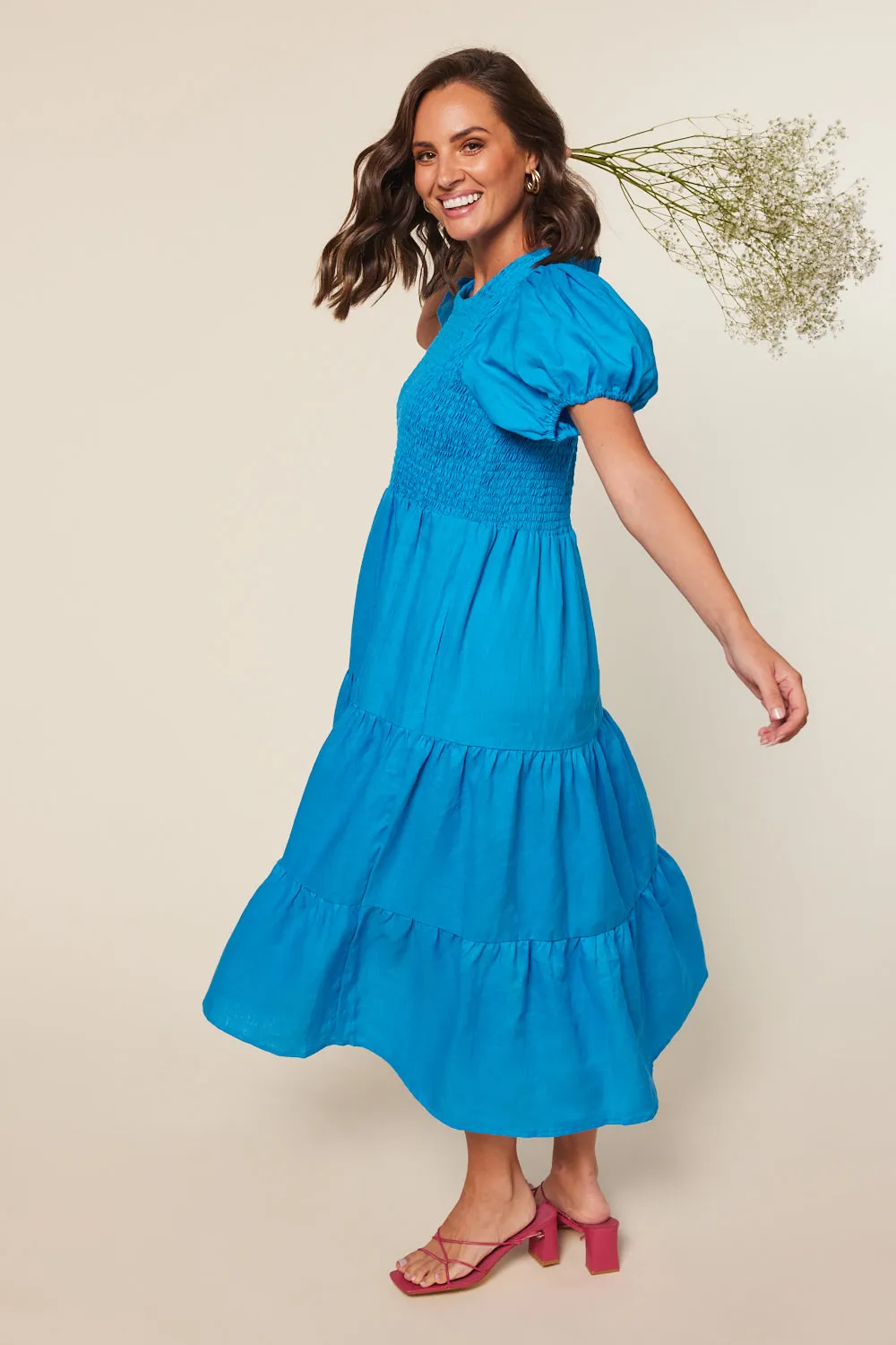 Minden Linen Shirred Dress in Cobalt sold by Adrift product image thumbnail 2