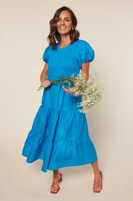 Minden Linen Shirred Dress in Cobalt sold by Adrift
