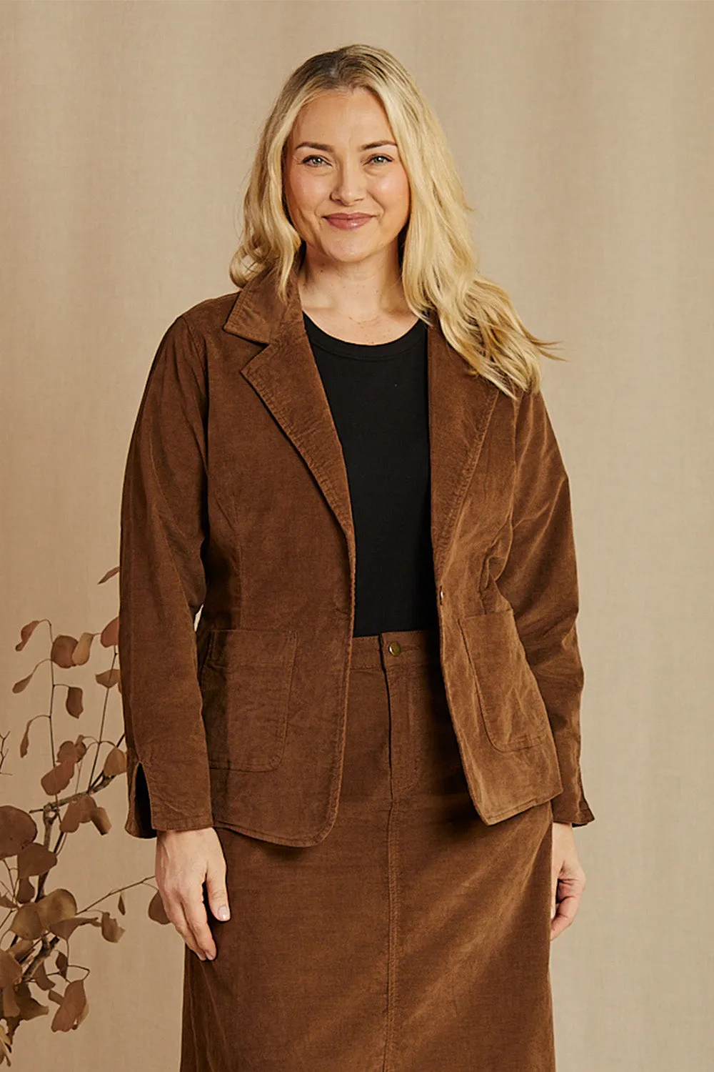 Adrift Relaxed Brushed Cotton Blazer in Chocolate sold by Adrift