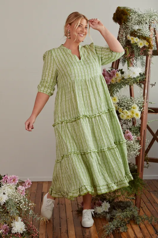 Sabre V-Neck Linen Dress in Sage sold by Adrift