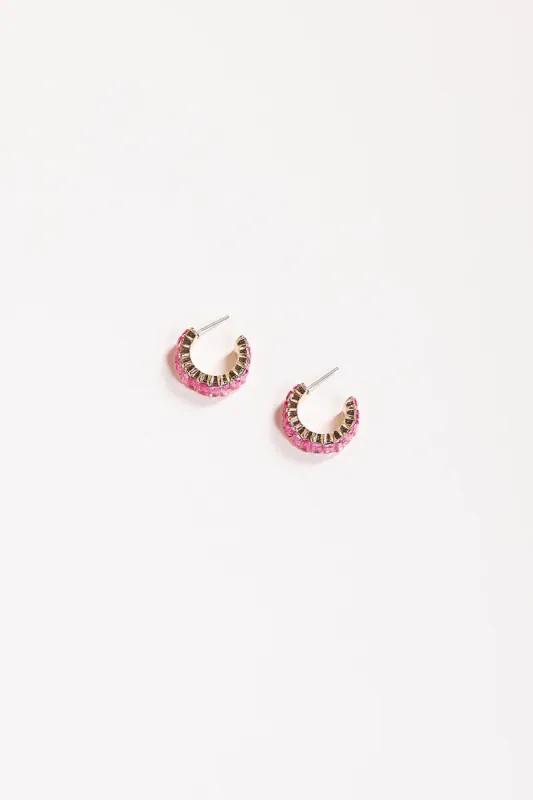 Baguette Jewel Mini Hoops in Hot Pink sold by Adrift
