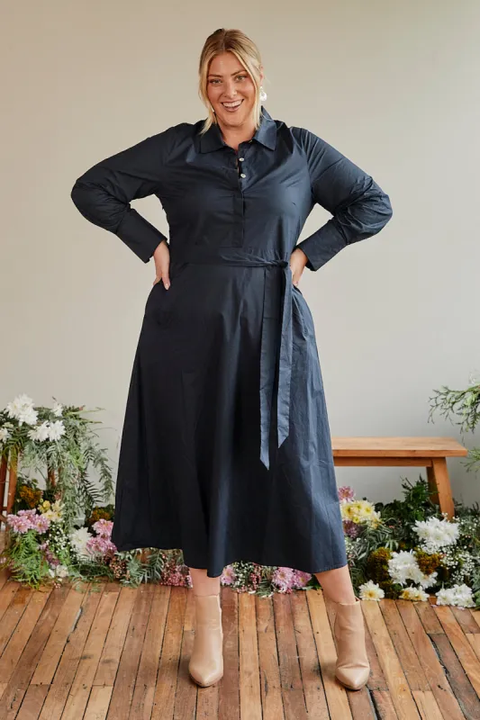 Kelly Poplin Dress in Navy sold by Adrift