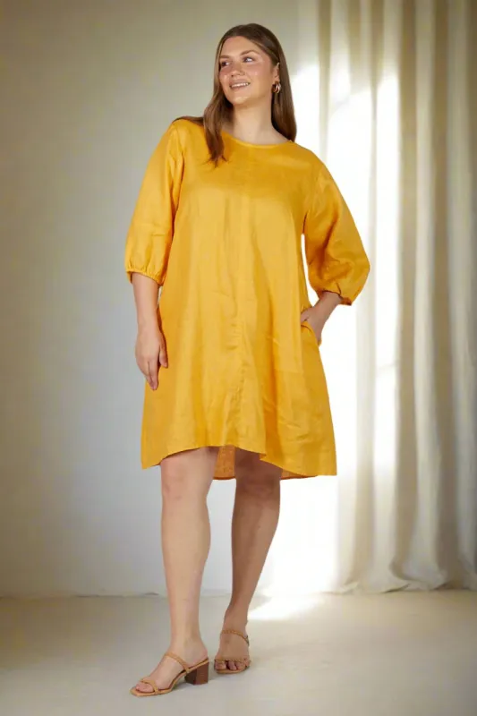 Hazel Short Shift Linen Dress in Golden Hour sold by Adrift