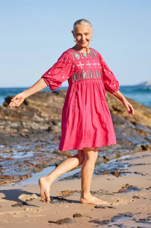 Sadie Embroidered Short Dress in Pink sold by Adrift