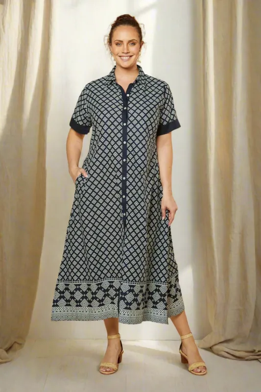 Gracie Shirt Dress in Navy Iris sold by Adrift