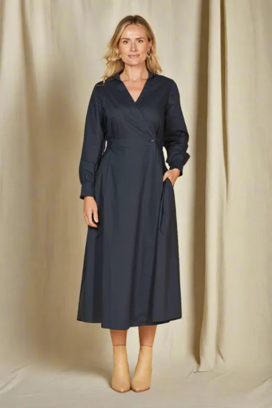 Wendy Poplin Wrap Dress in Navy sold by Adrift