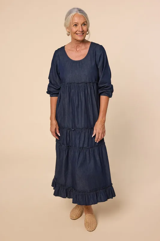 Sabre Frill Maxi Chambray Dress in Dark Wash sold by Adrift