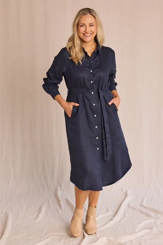 Abbey Linen Shirt Dress in Navy sold by Adrift