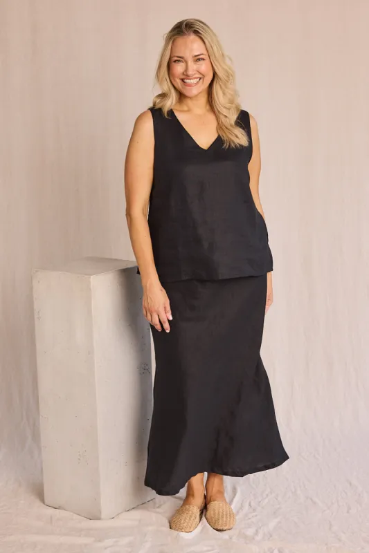 Katie Bias Cut Linen Skirt in Black sold by Adrift