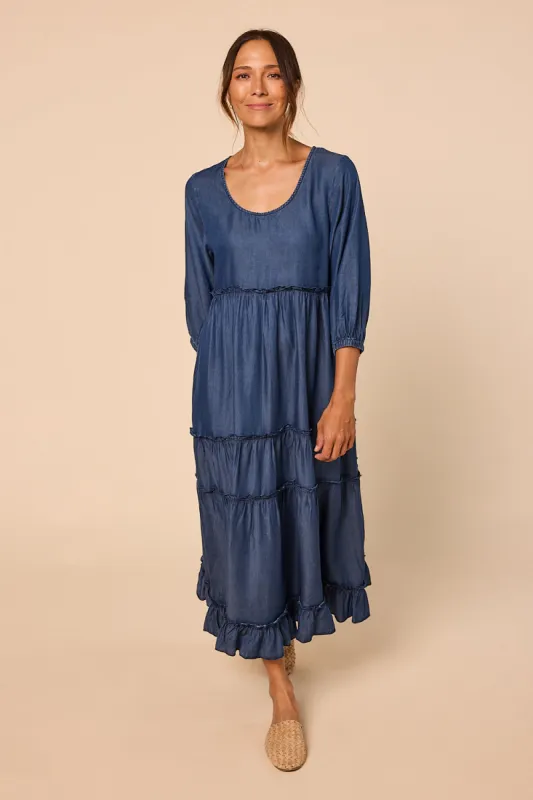 Sabre Frill 3/4 Sleeve Maxi Tencel Dress in Mid Wash sold by Adrift