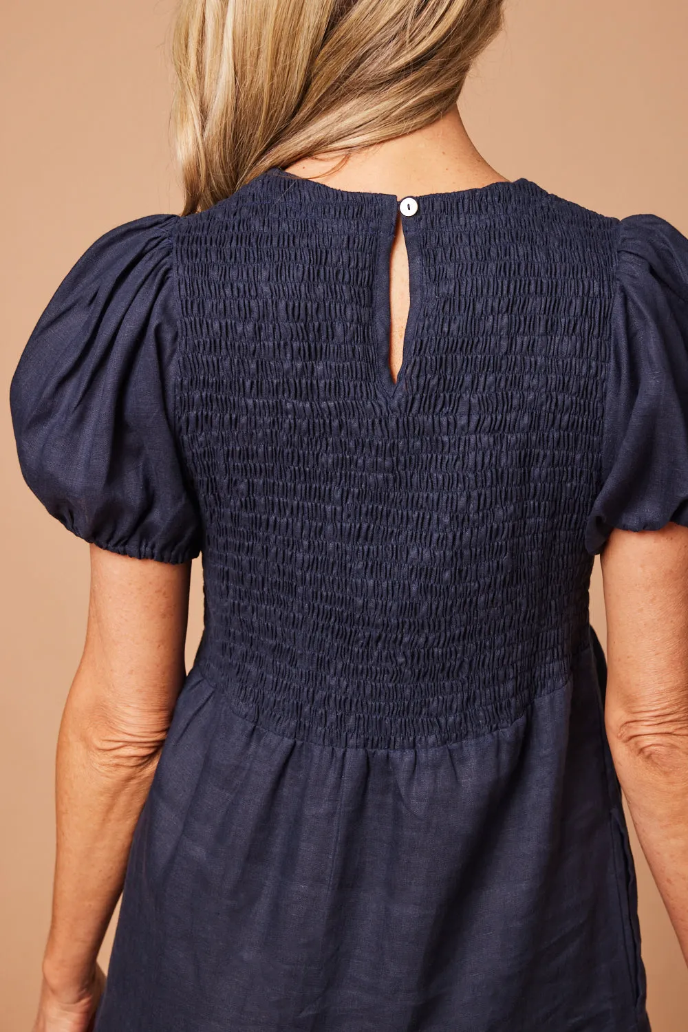 Minden Linen Shirred Short Sleeve Dress in Navy sold by Adrift product image thumbnail 4